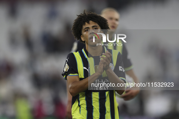 Rico Lewis of Manchester City at the end of the game during the Premier League match between West Ham United and Manchester City at the Lond...