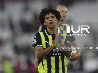 Rico Lewis of Manchester City at the end of the game during the Premier League match between West Ham United and Manchester City at the Lond...