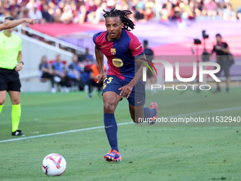 Jules Kounde plays during the match between FC Barcelona and Real Valladolid CF, corresponding to week 4 of LaLiga EA Sports, at the Lluis C...