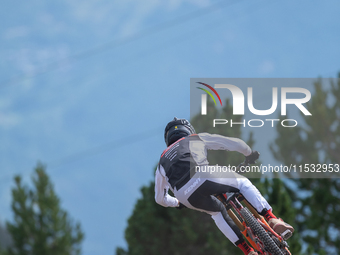 Kasper Woolley of Canada participates in the UCI Mountain Bike World Championships Men Downhill Race in Pal Arinsal, Andorra, on August 31,...