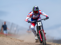 Luca Shaw of the USA competes in the UCI Mountain Bike World Championships Men Downhill Race in Pal Arinsal, Andorra, on August 31, 2024. (