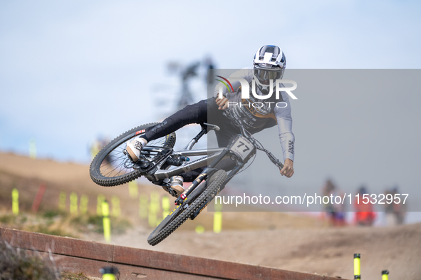 Samuel Blenkinsop of New Zealand competes in the UCI Mountain Bike World Championships Men Downhill Race in Pal Arinsal, Andorra, on August...