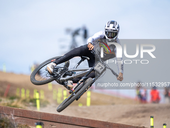 Samuel Blenkinsop of New Zealand competes in the UCI Mountain Bike World Championships Men Downhill Race in Pal Arinsal, Andorra, on August...