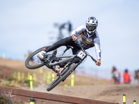 Samuel Blenkinsop of New Zealand competes in the UCI Mountain Bike World Championships Men Downhill Race in Pal Arinsal, Andorra, on August...