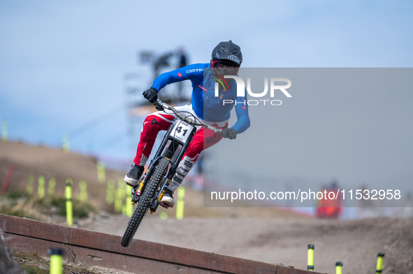 Loris Revelli of Italy participates in the UCI Mountain Bike World Championships Men Downhill Race in Pal Arinsal, Andorra, on August 31, 20...