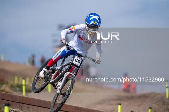 Reece Wilson of Great Britain competes in the UCI Mountain Bike World Championships Men's Downhill Race in Pal Arinsal, Andorra, on August 3...