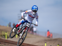 Reece Wilson of Great Britain competes in the UCI Mountain Bike World Championships Men's Downhill Race in Pal Arinsal, Andorra, on August 3...