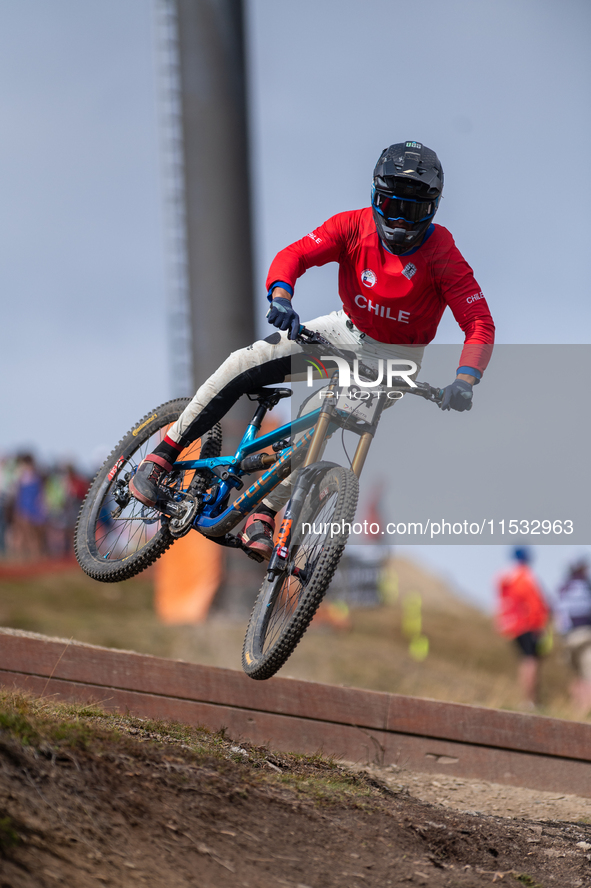 Benjamin Corral of Chile participates in the UCI Mountain Bike World Championships Men Downhill Race in Pal Arinsal, Andorra, on August 31,...