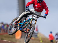 Benjamin Corral of Chile participates in the UCI Mountain Bike World Championships Men Downhill Race in Pal Arinsal, Andorra, on August 31,...