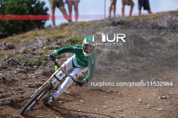 Oisin O Callaghan of Ireland competes in the UCI Mountain Bike World Championships Men Downhill Race in Pal Arinsal, Andorra, on August 31,...