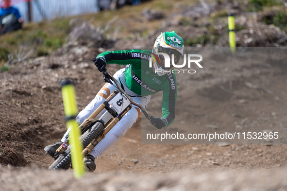 Oisin O Callaghan of Ireland competes in the UCI Mountain Bike World Championships Men Downhill Race in Pal Arinsal, Andorra, on August 31,...