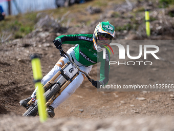 Oisin O Callaghan of Ireland competes in the UCI Mountain Bike World Championships Men Downhill Race in Pal Arinsal, Andorra, on August 31,...