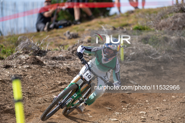 Ronan Dunne of Ireland participates in the UCI Mountain Bike World Championships Men Downhill Race in Pal Arinsal, Andorra, on August 31, 20...