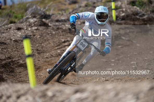 Kelian Vanreusel of Belgium participates in the UCI Mountain Bike World Championships Men Downhill Race in Pal Arinsal, Andorra, on August 3...