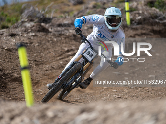 Kelian Vanreusel of Belgium participates in the UCI Mountain Bike World Championships Men Downhill Race in Pal Arinsal, Andorra, on August 3...