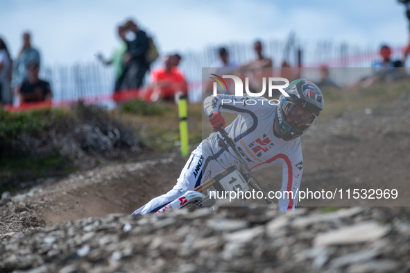 Danny Hart of Great Britain participates in the UCI Mountain Bike World Championships Men's Downhill Race in Pal Arinsal, Andorra, on August...