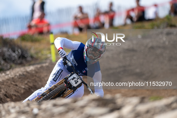 Amaury Pierron of France participates in the UCI Mountain Bike World Championships Men Downhill Race in Pal Arinsal, Andorra, on August 31,...