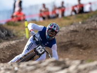 Amaury Pierron of France participates in the UCI Mountain Bike World Championships Men Downhill Race in Pal Arinsal, Andorra, on August 31,...