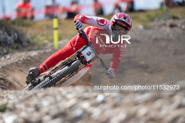 Andreas Kolb of Austria participates in the UCI Mountain Bike World Championships Men Downhill Race in Pal Arinsal, Andorra, on August 31, 2...