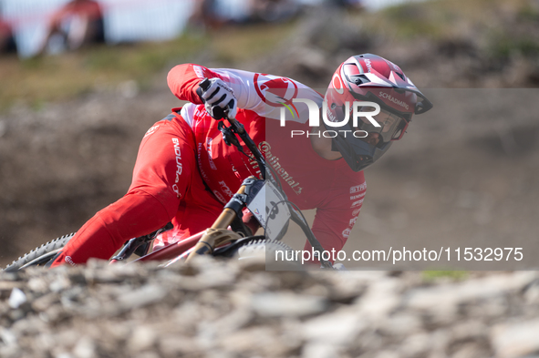 Andreas Kolb of Austria participates in the UCI Mountain Bike World Championships Men Downhill Race in Pal Arinsal, Andorra, on August 31, 2...