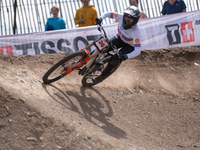 Stacey Fisher of Great Britain competes in the UCI Mountain Bike World Championships Downhill Women's Race in Pal Arinsal, Andorra, on Augus...