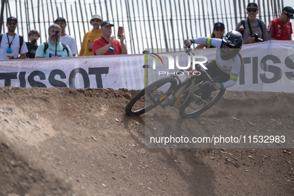 Elise Empey of Australia competes in the UCI Mountain Bike World Championships Downhill Women's Race in Pal Arinsal, Andorra, on August 31,...