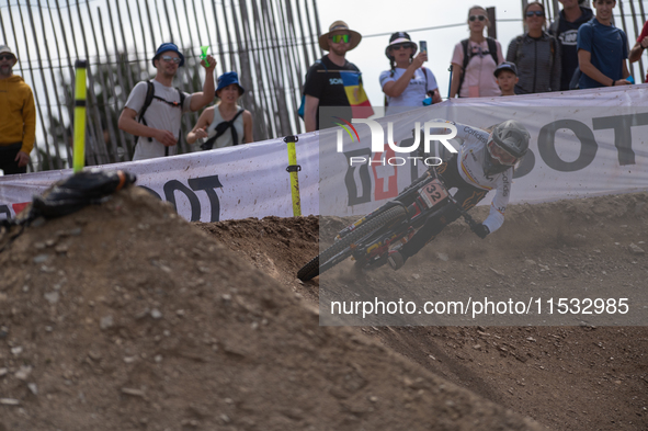 Mireia Pi of Spain competes in the UCI Mountain Bike World Championships Downhill Women's Race in Pal Arinsal, Andorra, on August 31, 2024. 