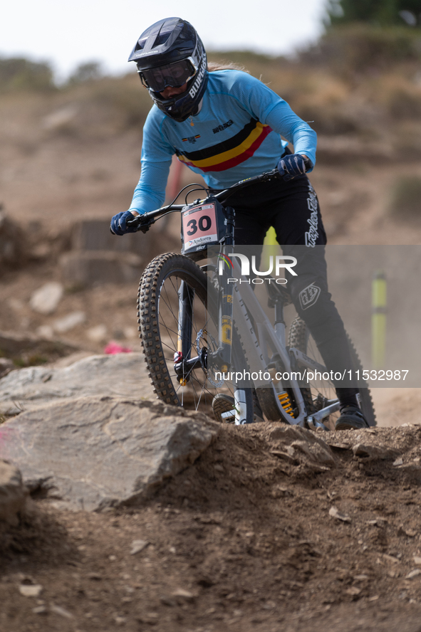 Luke Meier-Smith of Australia participates in the UCI Mountain Bike World Championships Men Downhill Race in Pal Arinsal, Andorra, on August...