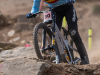 Luke Meier-Smith of Australia participates in the UCI Mountain Bike World Championships Men Downhill Race in Pal Arinsal, Andorra, on August...