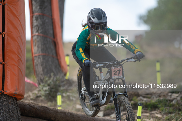 Nathan Pontvianne of France competes in the UCI Mountain Bike World Championships Men Downhill Race in Pal Arinsal, Andorra, on August 31, 2...