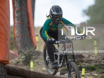 Nathan Pontvianne of France competes in the UCI Mountain Bike World Championships Men Downhill Race in Pal Arinsal, Andorra, on August 31, 2...