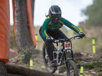 Nathan Pontvianne of France competes in the UCI Mountain Bike World Championships Men Downhill Race in Pal Arinsal, Andorra, on August 31, 2...