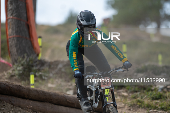 Nathan Pontvianne of France competes in the UCI Mountain Bike World Championships Men Downhill Race in Pal Arinsal, Andorra, on August 31, 2...