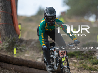 Nathan Pontvianne of France competes in the UCI Mountain Bike World Championships Men Downhill Race in Pal Arinsal, Andorra, on August 31, 2...