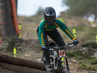 Nathan Pontvianne of France competes in the UCI Mountain Bike World Championships Men Downhill Race in Pal Arinsal, Andorra, on August 31, 2...