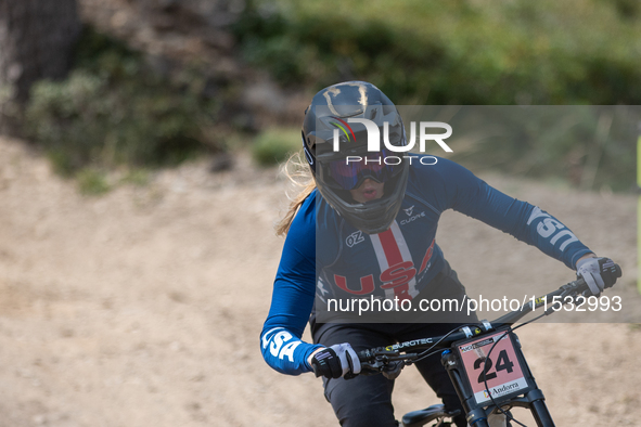 Lachlan Stevens-Mcnab of New Zealand participates in the UCI Mountain Bike World Championships Men Downhill Race in Pal Arinsal, Andorra, on...