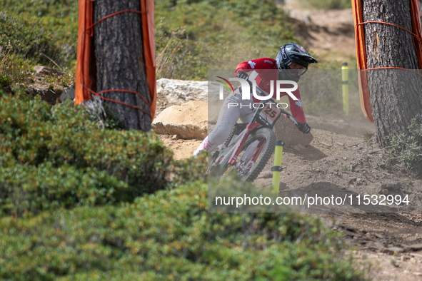 Dylan Maples of the USA participates in the UCI Mountain Bike World Championships Men Downhill Race in Pal Arinsal, Andorra, on August 31, 2...