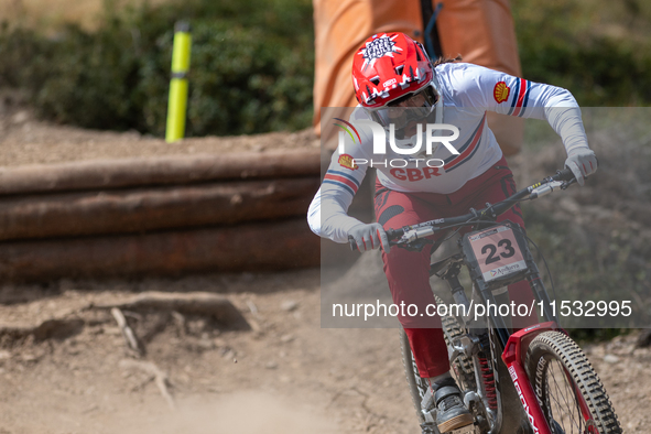 Ryan Pinkerton of the USA competes in the UCI Mountain Bike World Championships Men Downhill Race in Pal Arinsal, Andorra, on August 31, 202...