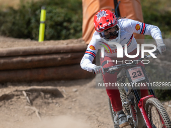 Ryan Pinkerton of the USA competes in the UCI Mountain Bike World Championships Men Downhill Race in Pal Arinsal, Andorra, on August 31, 202...