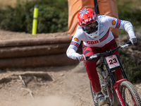 Ryan Pinkerton of the USA competes in the UCI Mountain Bike World Championships Men Downhill Race in Pal Arinsal, Andorra, on August 31, 202...