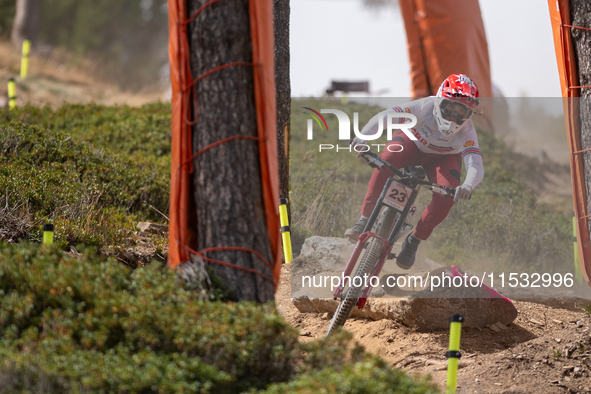 Ryan Pinkerton of the USA competes in the UCI Mountain Bike World Championships Men Downhill Race in Pal Arinsal, Andorra, on August 31, 202...