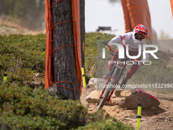 Ryan Pinkerton of the USA competes in the UCI Mountain Bike World Championships Men Downhill Race in Pal Arinsal, Andorra, on August 31, 202...