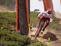 Ryan Pinkerton of the USA competes in the UCI Mountain Bike World Championships Men Downhill Race in Pal Arinsal, Andorra, on August 31, 202...