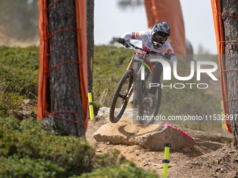 Greg Williamson of Great Britain participates in the UCI Mountain Bike World Championships Men Downhill Race in Pal Arinsal, Andorra, on Aug...