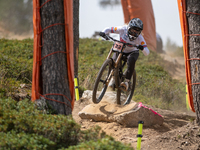 Greg Williamson of Great Britain participates in the UCI Mountain Bike World Championships Men Downhill Race in Pal Arinsal, Andorra, on Aug...