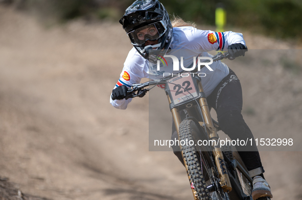 Greg Williamson of Great Britain participates in the UCI Mountain Bike World Championships Men Downhill Race in Pal Arinsal, Andorra, on Aug...