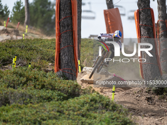 Jess Blewitt of New Zealand competes in the UCI Mountain Bike World Championships Downhill Women's Race in Pal Arinsal, Andorra, on August 3...