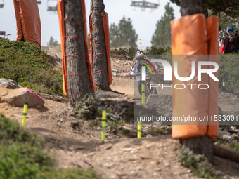 Jenna Hastings of New Zealand competes in the UCI Mountain Bike World Championships Downhill Women's Race in Pal Arinsal, Andorra, on August...