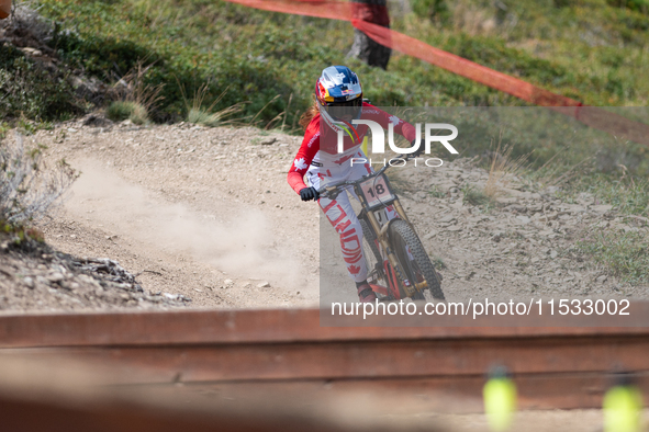 Laurie Greenland of Great Britain participates in the UCI Mountain Bike World Championships Men's Downhill Race in Pal Arinsal, Andorra, on...