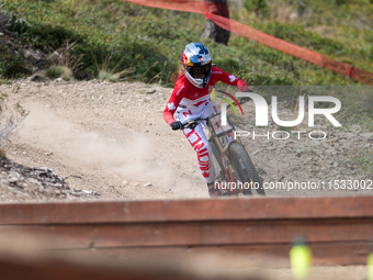 Laurie Greenland of Great Britain participates in the UCI Mountain Bike World Championships Men's Downhill Race in Pal Arinsal, Andorra, on...